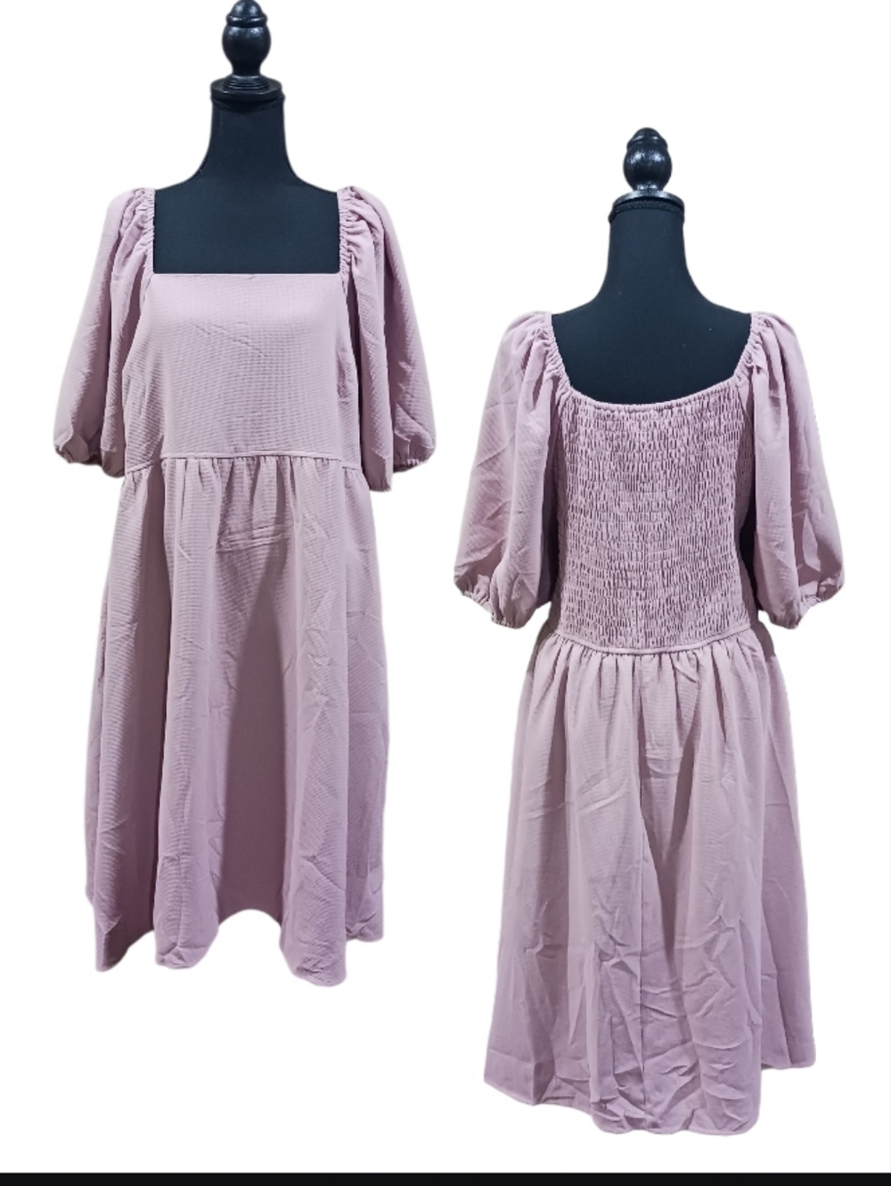Polagram Puff Sleeve Smocked Back Midi Dress Mauve